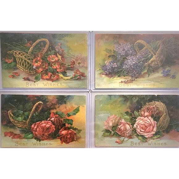 Lot Of Four Vintage Antique Embossed Postcards Flowers - Picture 1 of 9